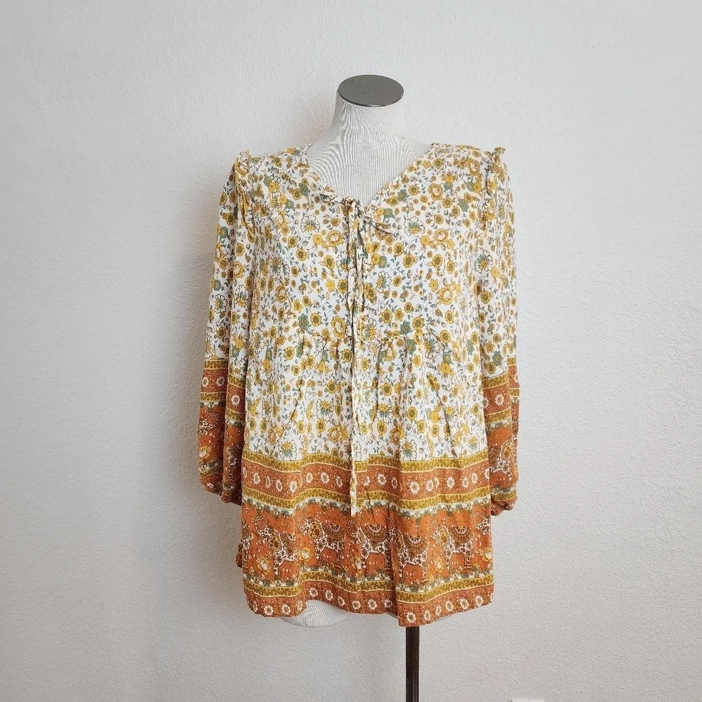 VCAY Floral Print Lantern Sleeve Cream & Green Color Women's Top Size XL - Picture 2 of 5